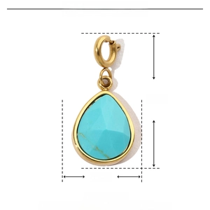 Detailed size and material specs for the teardrop natural stone and steel pendant