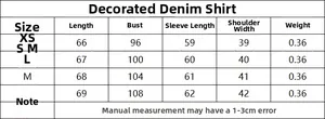 Detailed sizing chart for women trimmed denim shirt including length, bust, and sleeves