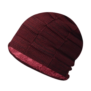 Winter checkered knit beanie in deep red with thick pink plush lining for warmth