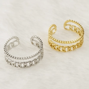 Adjustable 18K gold plated stainless steel double layer ring with beaded chain design