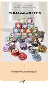 Close-up of mandala soy wax candles with dried flowers and matching gift boxes