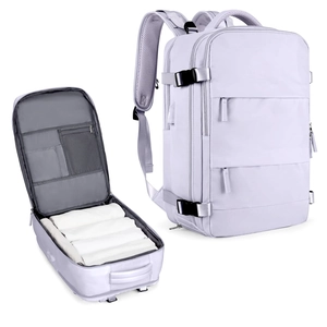 Detail view of light purple travel backpack showing interior storage and outer design