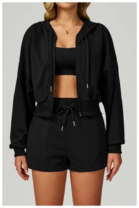 Three-piece black sportswear set featuring a hooded zip-up sweatshirt and drawstring shorts