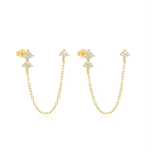 Macro detail of S925 sterling silver chain link earrings with zircon floral studs