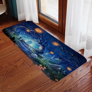 Halloween bath mat featuring spooky forest and glowing pumpkins on dark wood floor