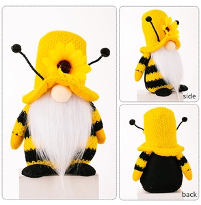 Dreiseitenansicht des Bienen-Gnomes mit Sonnenblume, zeigt Vorder-, Seiten- und Rückseite