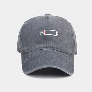 Macro detail of 1% low battery embroidery on vintage washed grey baseball cap fabric