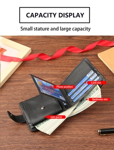 Detailed view of the black leather wallet interior showing card slots and coin purse