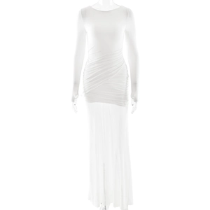 Detail view of white sheer mesh dress featuring ruched waist and elegant slit