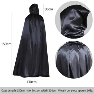 Detailed dimensions of a black hooded satin cloak with cape length measurements