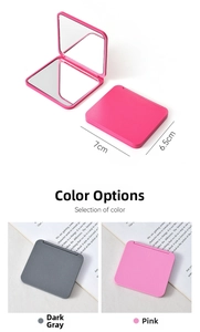 Mini folding makeup mirror showing dimensions of 7x6.5cm in grey and pink options