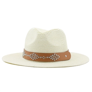 Creamy western straw sun hat with brown leather band and silver metal rivets decoration