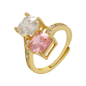 Golden open ring featuring square-cut pink and white zircons with side pavé setting