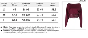 Size chart detail for lace long sleeve top with measurements in cm for S, M, L