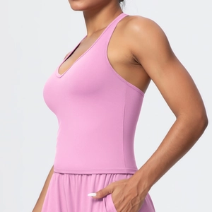 Side view of pink V-neck sports bra with breathable brushed fabric for yoga and running