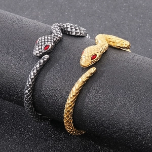 Snake Cuff Bangle Vintage Stainless Steel Punk Coiled Shape With Red Zircon Eyes Open Adjustable For Men
