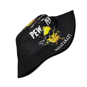 Close-up of a black cotton bucket hat featuring a funny cartoon chick with sunglasses