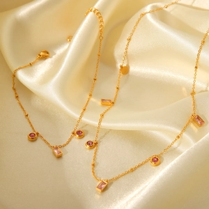 18K gold plated stainless steel necklace with pink zircon gemstone pendants on gold silk