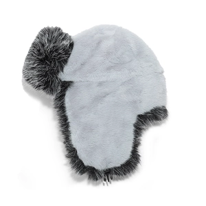 Detailed view of winter faux fur trapper hat featuring grey crown and black ear flaps