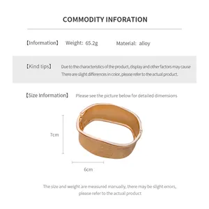 Size chart showing gold hammered alloy cuff bracelet dimensions and 65.2g weight
