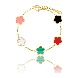 Five-leaf clover stainless steel bracelet in gold with colorful enamel pendants and lobster clasp