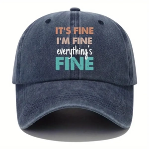 Navy blue washed cotton baseball cap with IT'S FINE I'M FINE embroidery in a retro style