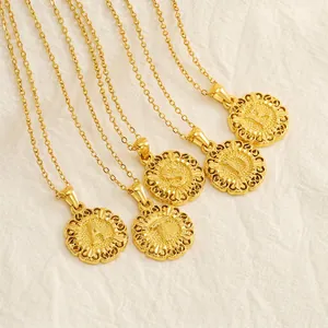 Initial Alphabet Pendant Necklace 18K Gold Plated Stainless Steel Vintage Round Medallion Floral Embossed Jewelry Women