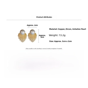Detailed specs of gold fan-shaped leaf earrings with dimensions and pearl accents
