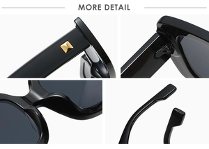 Detailed views of black square sunglasses featuring gold rivets and reinforced metal hinges