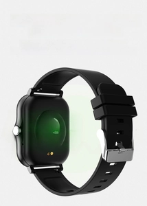 Detail showing back heart rate sensor on black smart watch with green light monitoring
