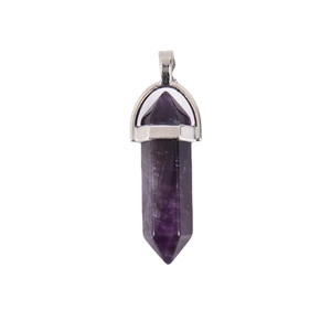 Natural hexagonal purple amethyst point pendant with silver metal bail on white background