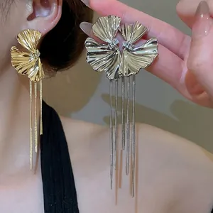 Flower petal stud earrings with long metal snake chain tassels in gold and silver finish