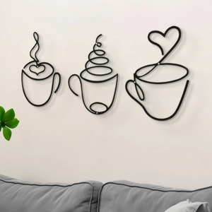 Minimalist black iron coffee cup wall art set of 3 for modern cafe and home decoration
