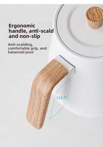 Detail of ergonomic 114.5-degree angled handle on white matte gooseneck kettle