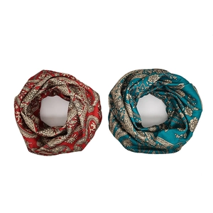 Paisley printed infinity loop scarf in vibrant red and teal, soft polyester neck warmer