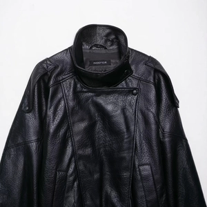 Women's black faux leather motorcycle jacket with high collar and epaulet details