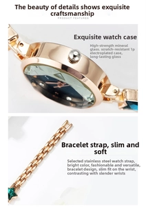 Detail view of rose gold starfish bracelet watch with faceted mineral glass and green stones