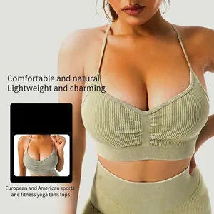Sage green ribbed sports bra with spaghetti straps and U-neck for yoga and fitness