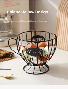 Close-up of a black metal coffee pod storage basket shaped like a large cup with coffee text