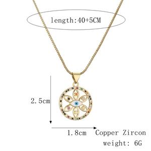 Detailed dimension guide for the evil eye necklace featuring gold copper and zircon accents