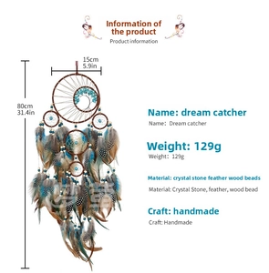 Detail of handmade turquoise Tree of Life dream catcher with natural spotted feathers
