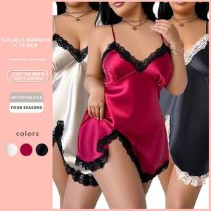 Nuisette En Satin Grande Taille Pour Femmes Dentelle Sexy Col En V Sans Manches Dos Nu Chemise De Nuit