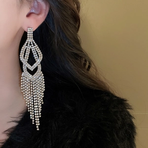 Macro view of long silver tassel earrings with sparkling rhinestones worn by a model