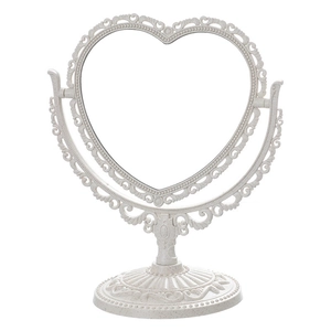 Vintage white heart-shaped desktop makeup mirror with elegant embossed floral design
