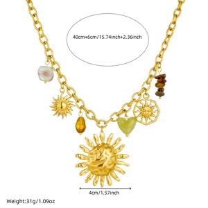 Detailed size specifications of gold sun and heart charm beaded chunky chain necklace