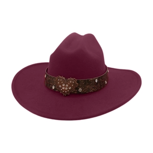 Close-up of the vintage wine red felt hat with a large crystal heart buckle on the band