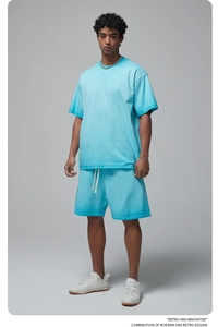 Lake blue oversized cotton t-shirt and drawstring shorts set for men with a relaxed fit