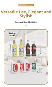 Clear acrylic double-tier storage rack for bottles and cans on a white desktop