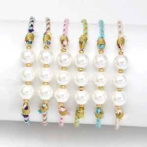 Handmade Woven Bracelet With Glass Artificial Pearls Colorful Rope Adjustable Pull String Bohemian Beach Style Jewelry For Women