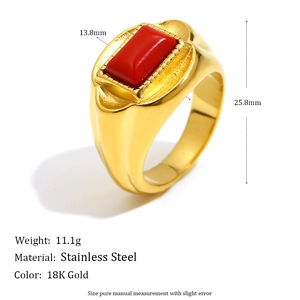 Vintage 18K gold plated stainless steel ring featuring a large rectangular red stone